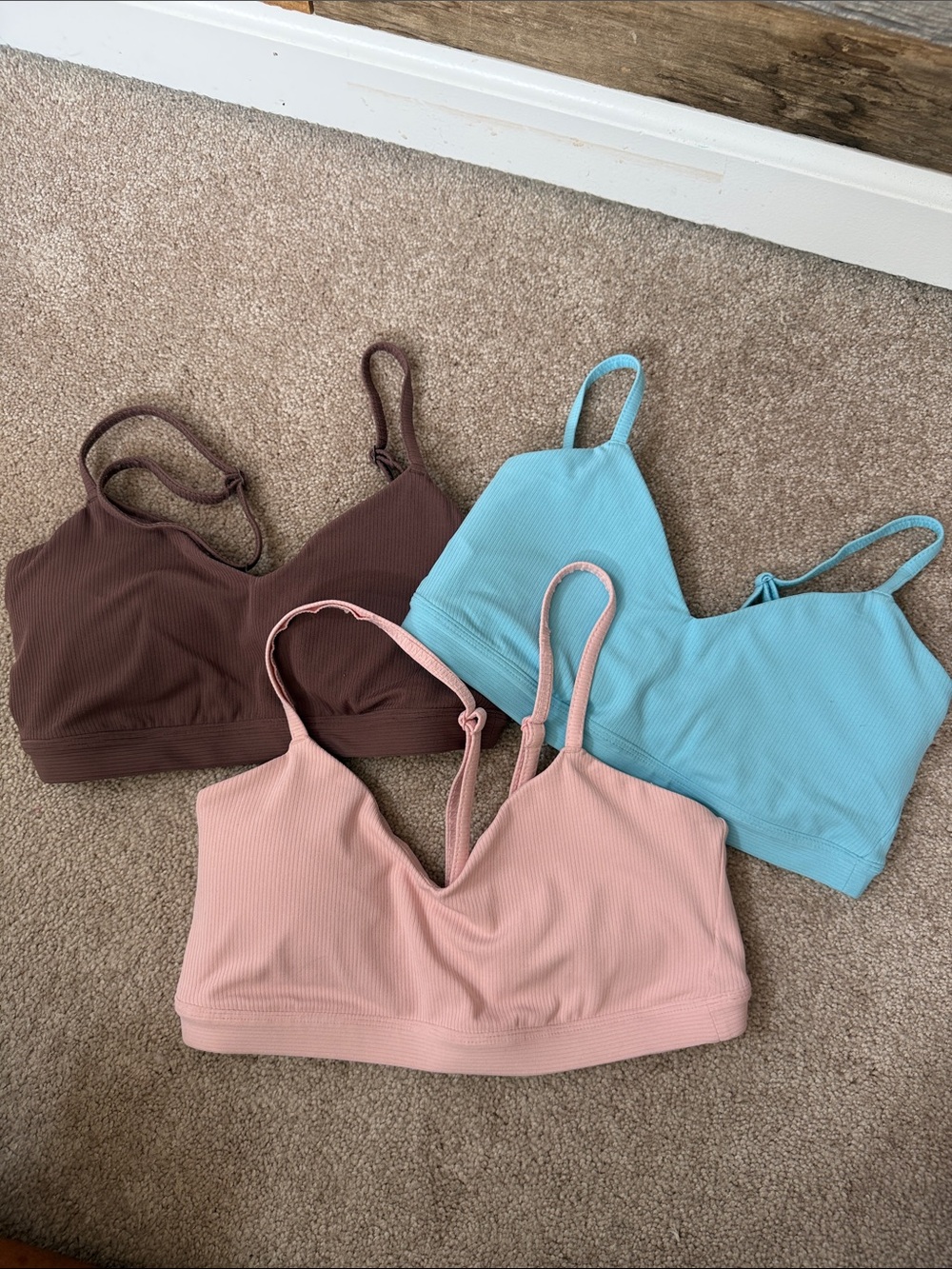 Ribbed V-Neck Bralette/Sports Bra  - Pink, Blue & Brown